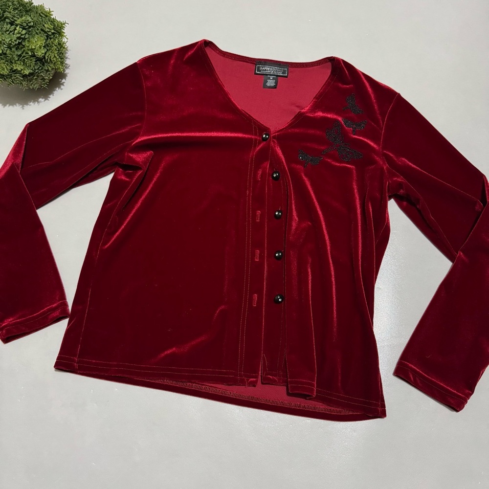 Vintage Y2K Red Velvet Cardigan Medium‎ Vampire Dark Romantic Whimsy Goth Beaded